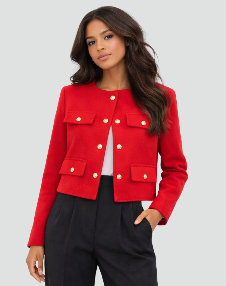 Kragenlose Kurzjacke mit goldfarbenen Knöpfen