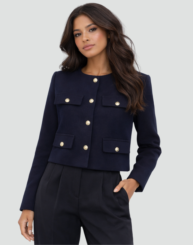 Kragenlose Kurzjacke mit goldfarbenen Knöpfen