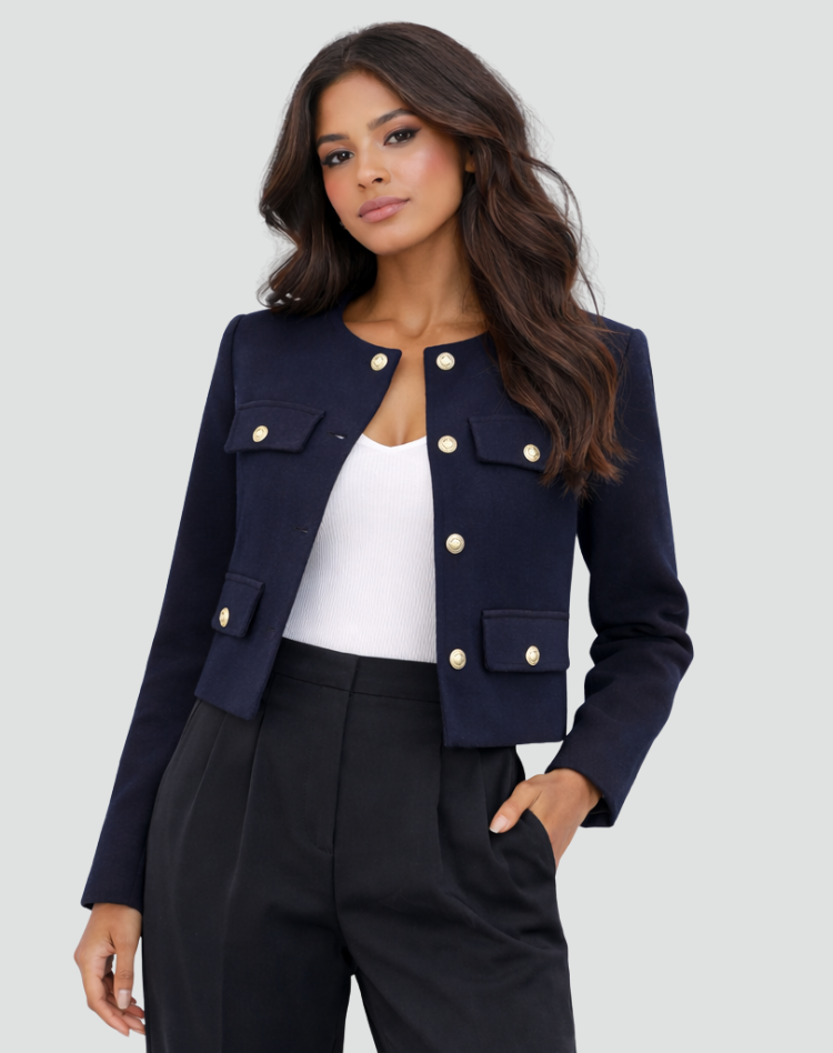 Kragenlose Kurzjacke mit goldfarbenen Knöpfen