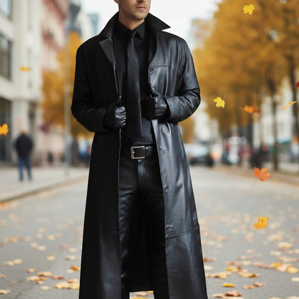 Lange Herrenjacke aus Kunstleder mit Knopfleiste