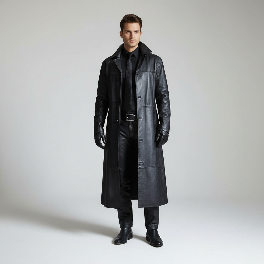 Lange Herrenjacke aus Kunstleder mit Knopfleiste