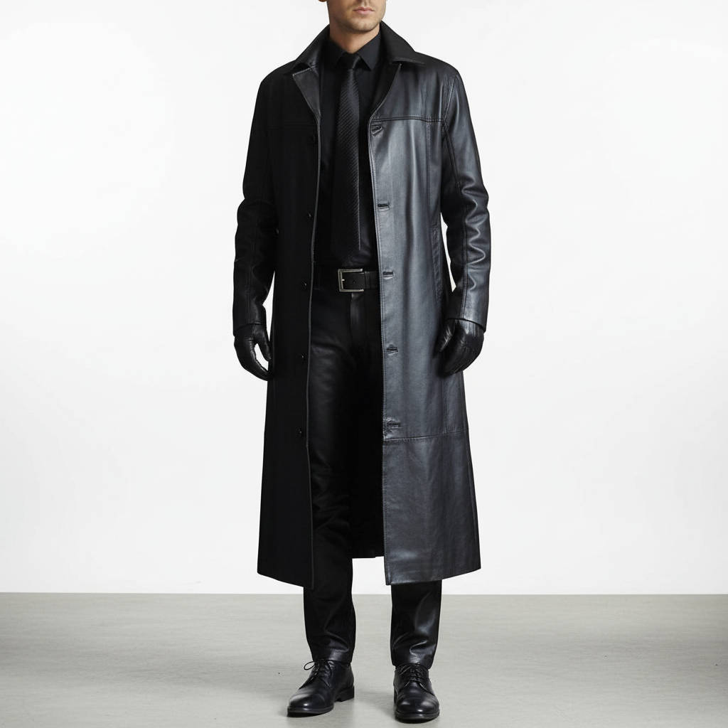 Lange Herrenjacke aus Kunstleder mit Knopfleiste