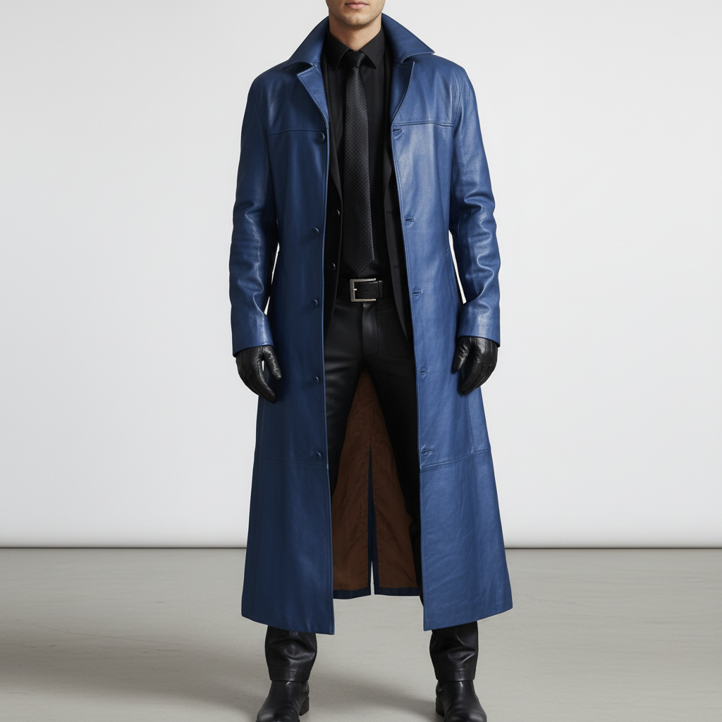 Lange Herrenjacke aus Kunstleder mit Knopfleiste