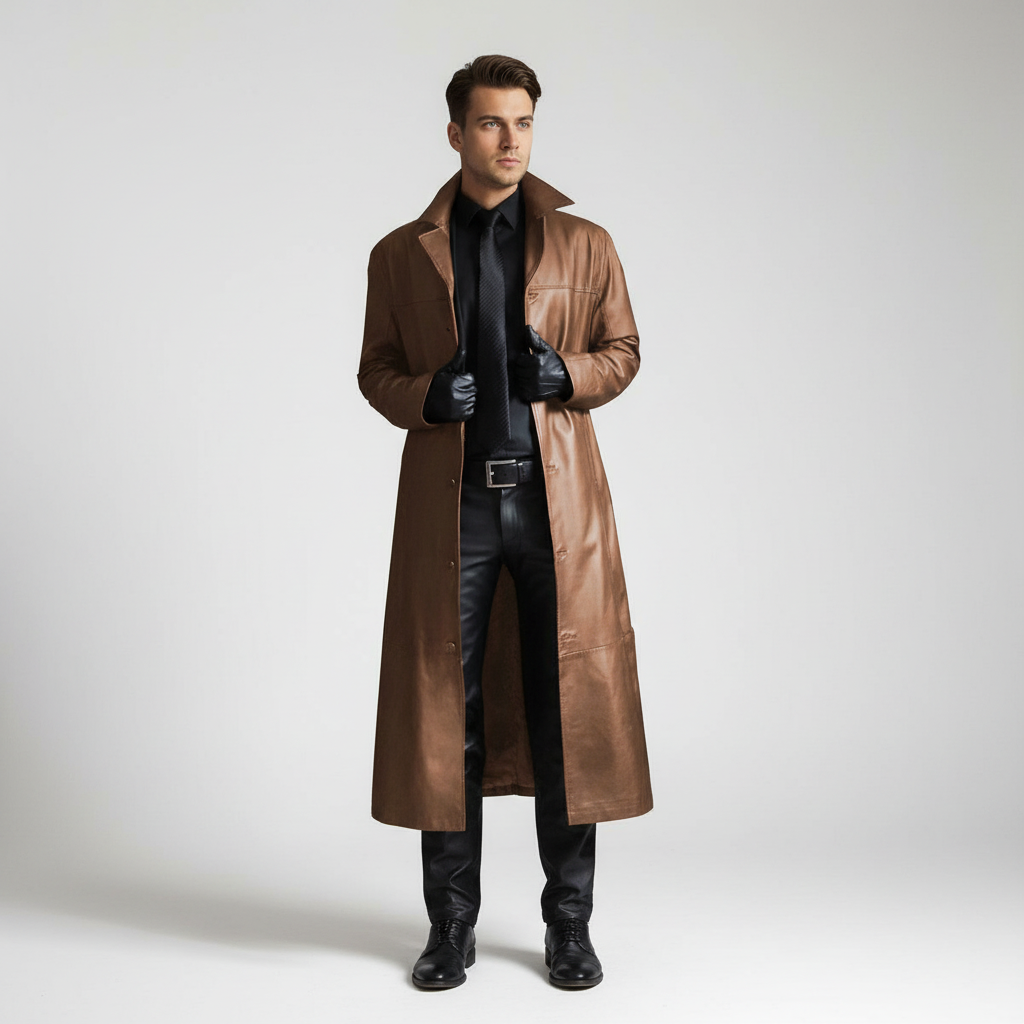 Lange Herrenjacke aus Kunstleder mit Knopfleiste