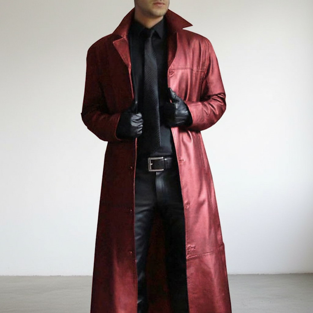 Lange Herrenjacke aus Kunstleder mit Knopfleiste