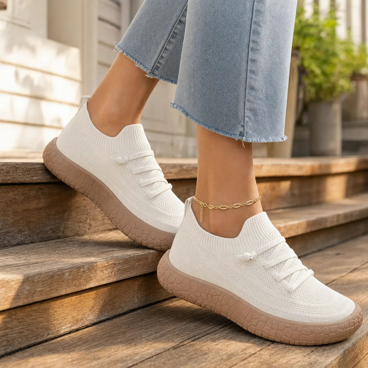 Damen Strick Slip-On Sneaker mit dicker Polstersohle