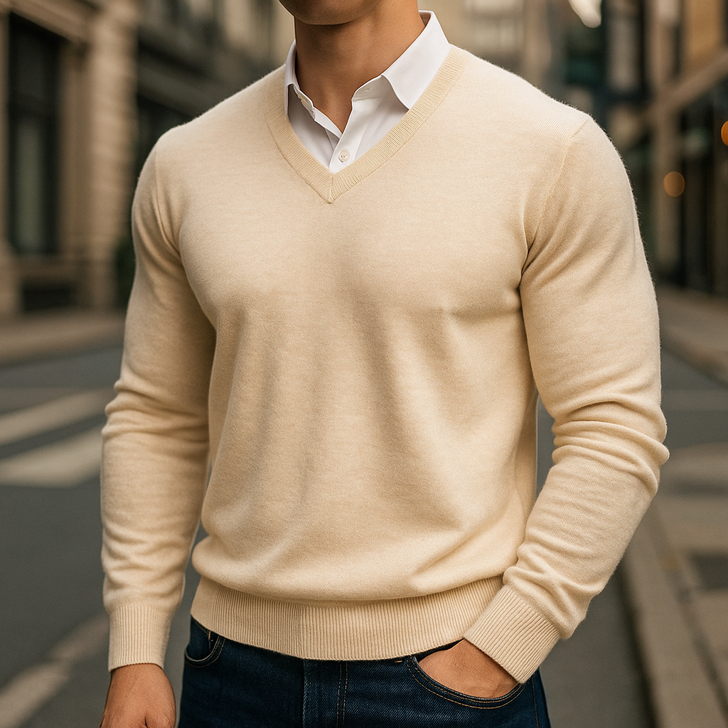Pull-over léger en laine mérinos avec col en V pour homme