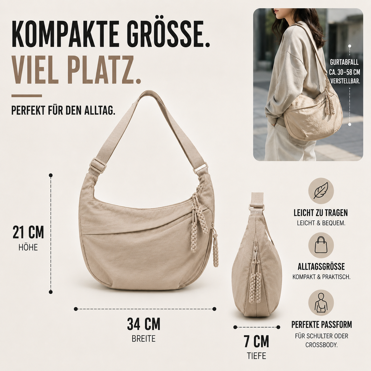 Geräumige Slouchy-Umhängetasche aus Nylon mit Zipper