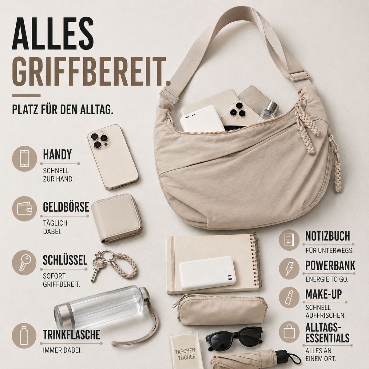 Geräumige Slouchy-Umhängetasche aus Nylon mit Zipper