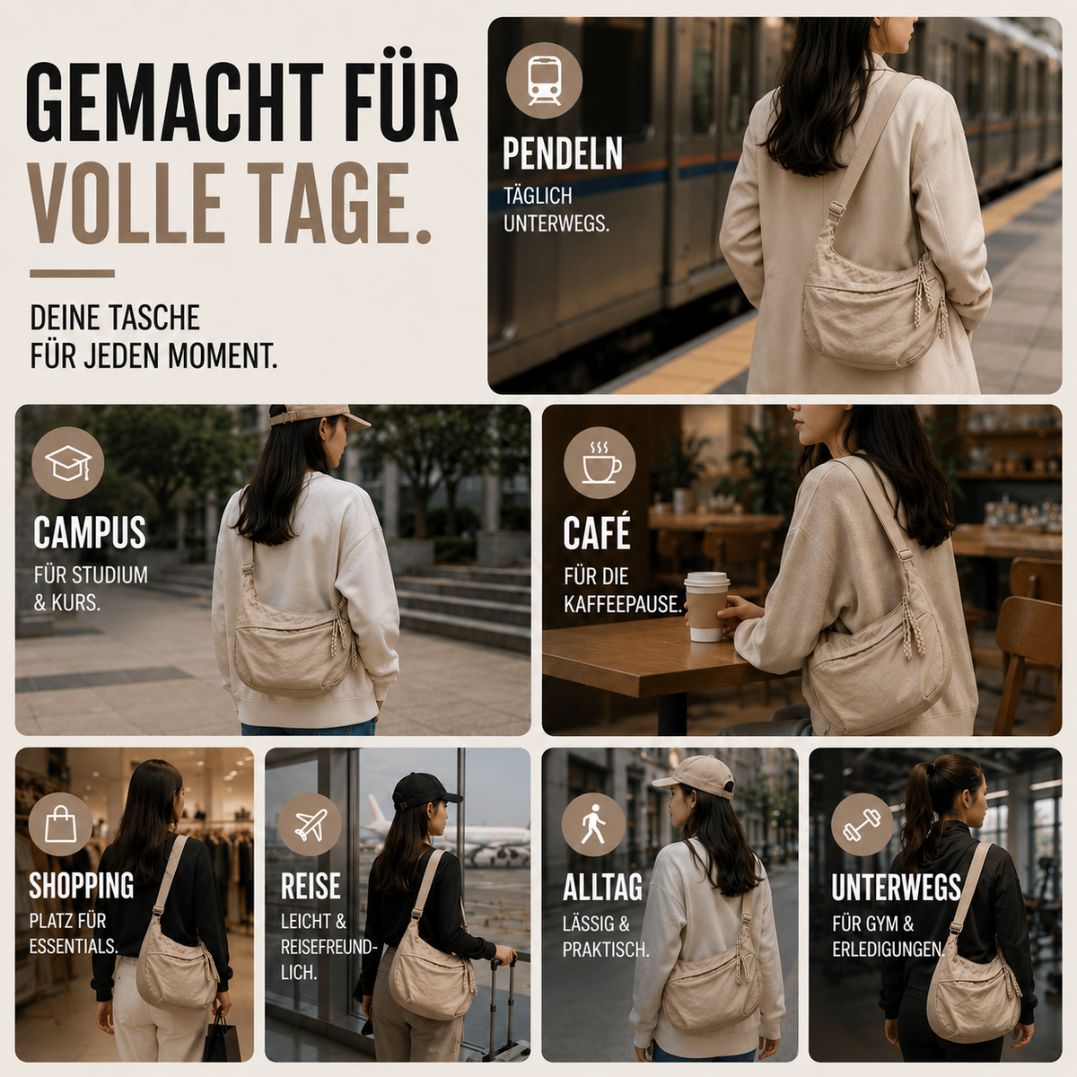 Geräumige Slouchy-Umhängetasche aus Nylon mit Zipper