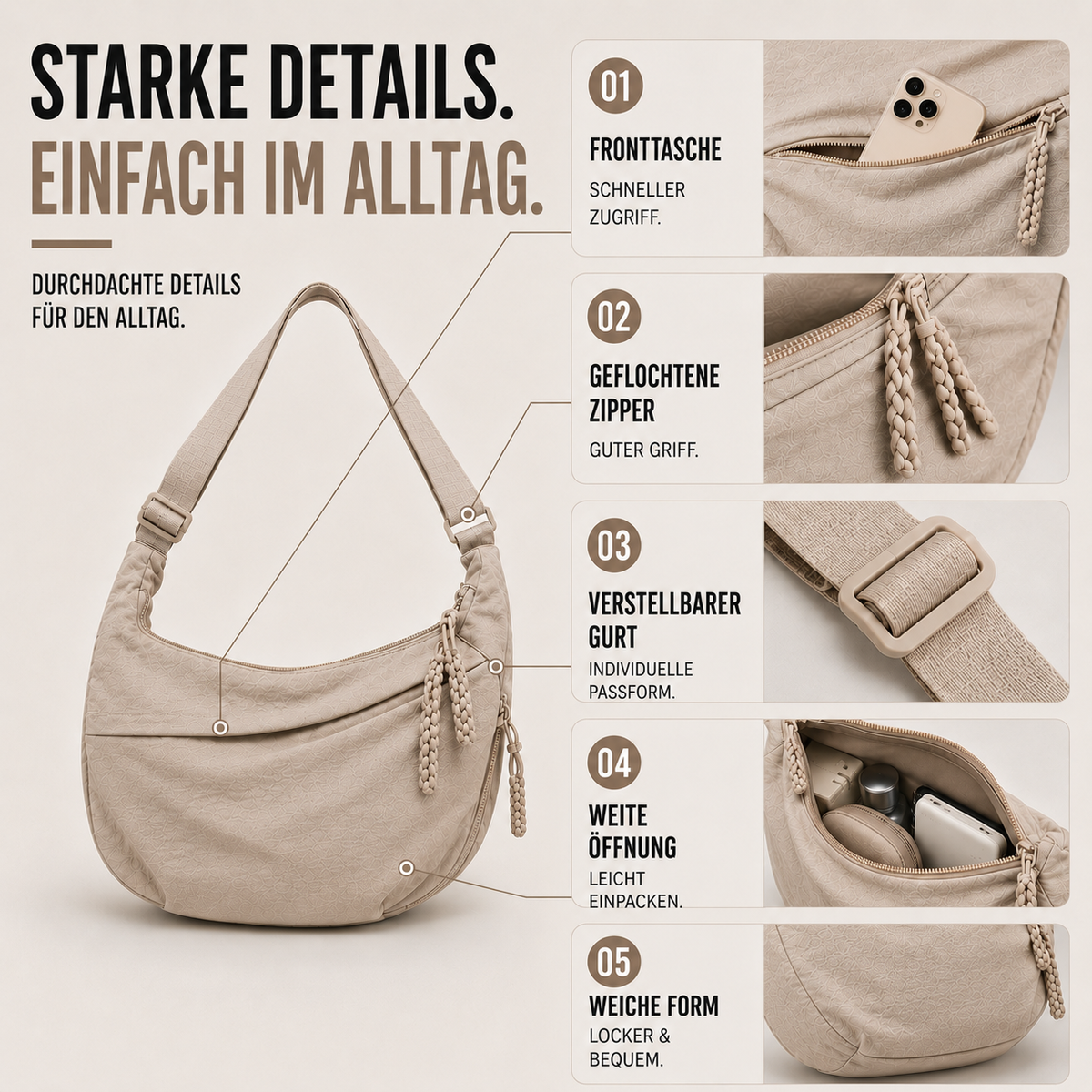 Geräumige Slouchy-Umhängetasche aus Nylon mit Zipper