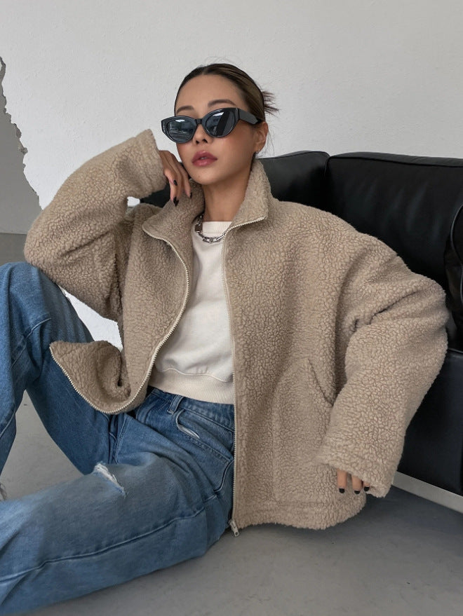 Damen Teddyjacke Mit Stehkragen Und Reißverschluss