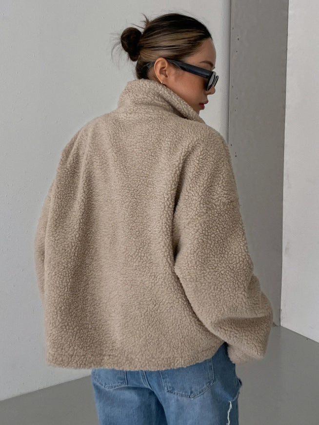 Damen Teddyjacke Mit Stehkragen Und Reißverschluss