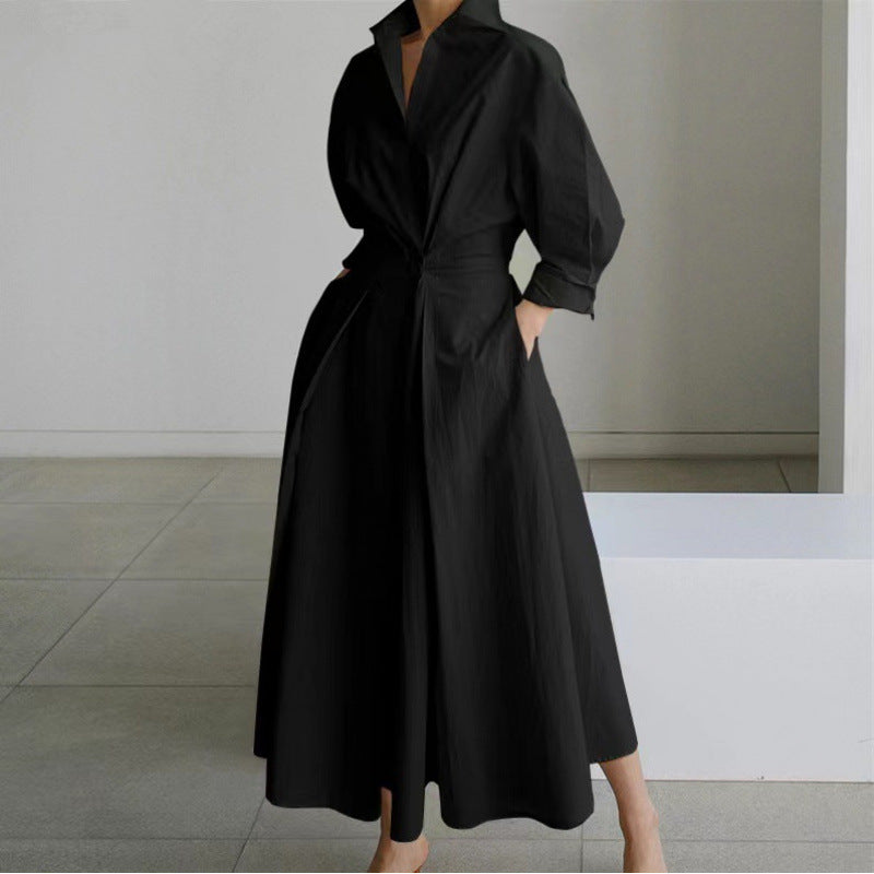 Damen Maxikleid Mit Wickeloptik Und Hemdkragen