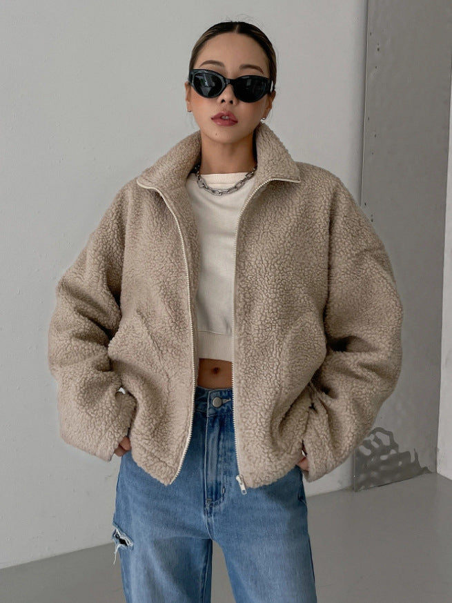Damen Teddyjacke Mit Stehkragen Und Reißverschluss