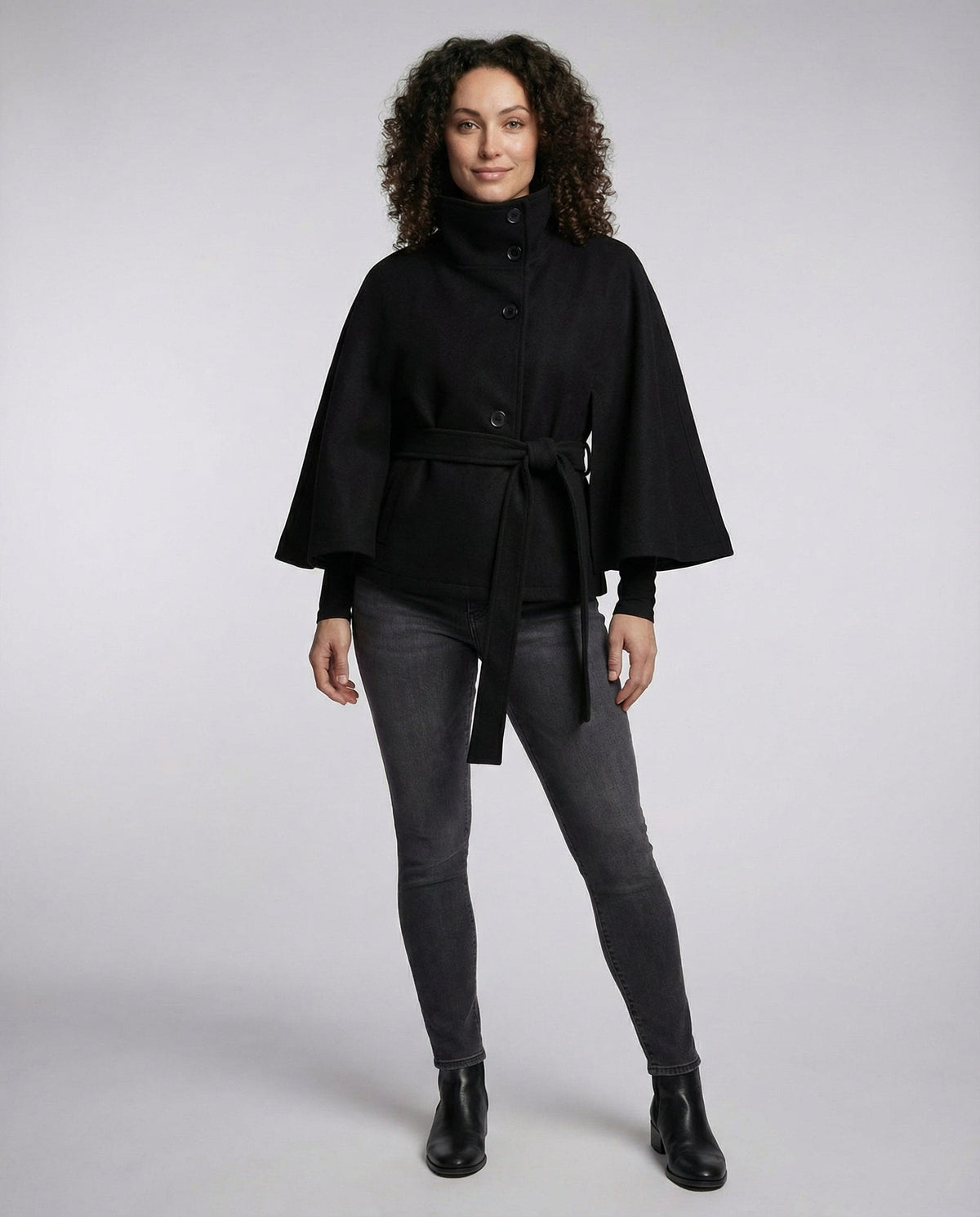 Damen Cape Jacke mit Stehkragen und Bindegürtel