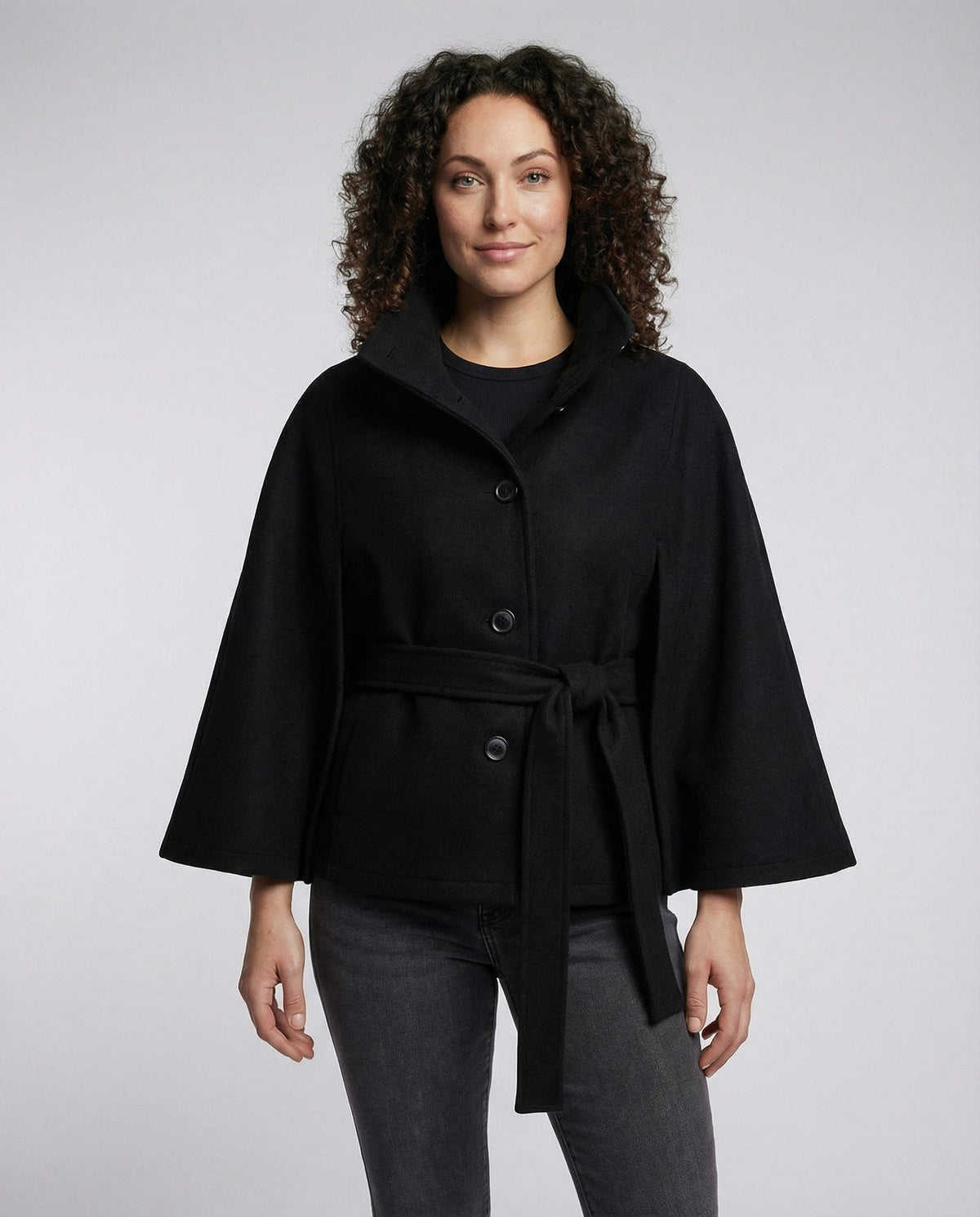 Damen Cape Jacke mit Stehkragen und Bindegürtel