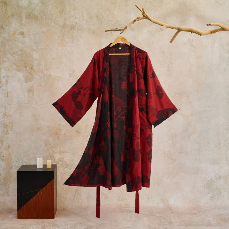 Leichter Kimono Bademantel aus Baumwolle mit Ginkgo-Muster