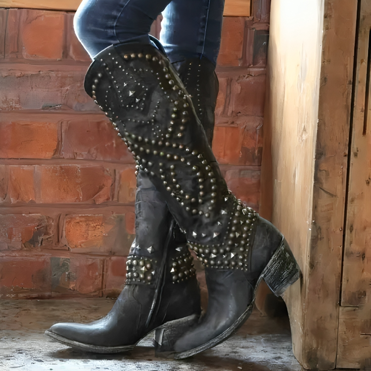 Kniehohe Damen Westernstiefel Mit Spitzer Zehe Und Nieten