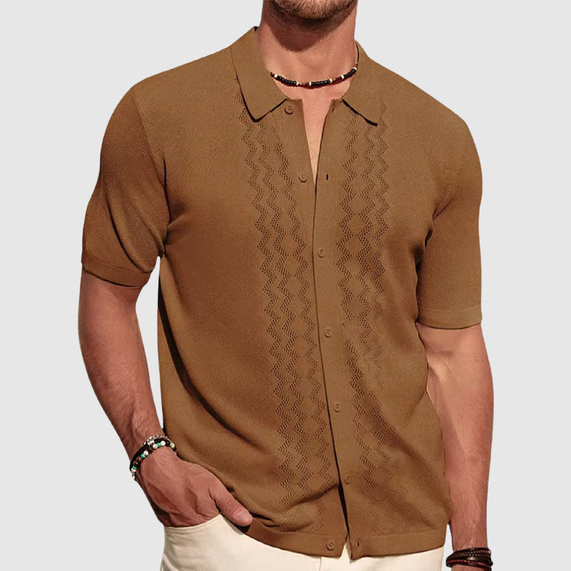 Herren Kurzarm-Strickhemd mit geometrischem Muster und Knopfverschluss