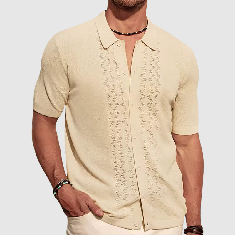 Herren Kurzarm-Strickhemd mit geometrischem Muster und Knopfverschluss