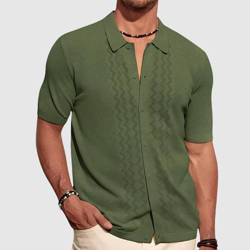 Herren Kurzarm-Strickhemd mit geometrischem Muster und Knopfverschluss