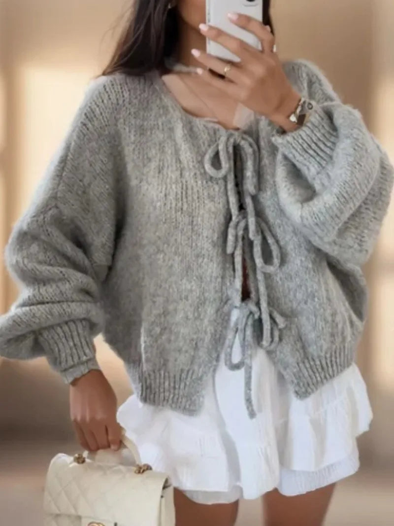 Damen Strickcardigan Mit Schleifenverschluss Im Boho Stil