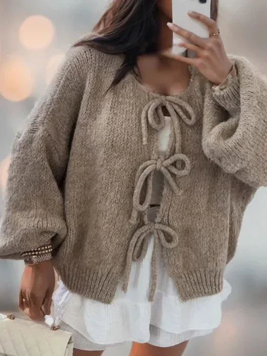 Damen Strickcardigan Mit Schleifenverschluss Im Boho Stil