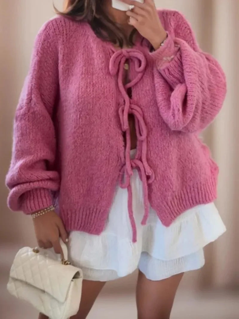 Damen Strickcardigan Mit Schleifenverschluss Im Boho Stil