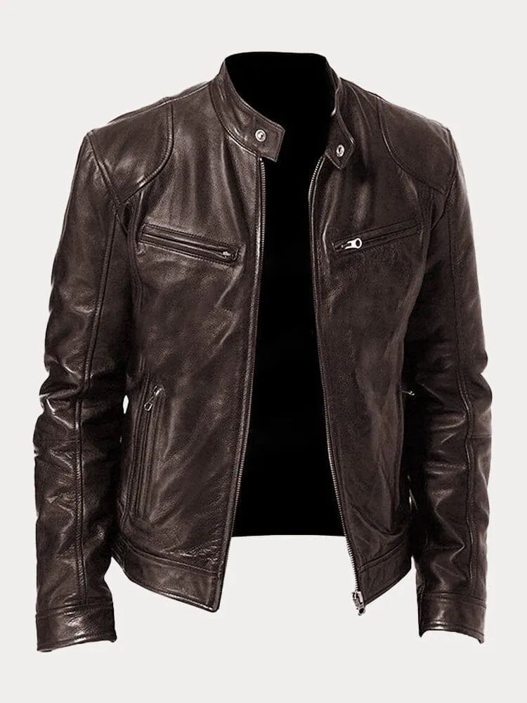 Herren Jacke In Lederoptik Mit Stehkragen Und Zippertaschen