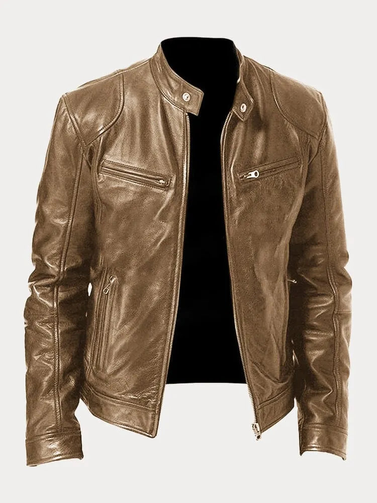 Herren Jacke In Lederoptik Mit Stehkragen Und Zippertaschen