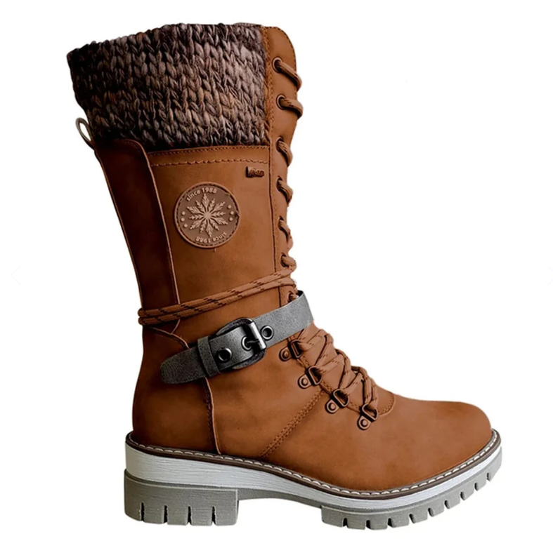 Damen Stiefel mit Schnallen und Strickstulpe