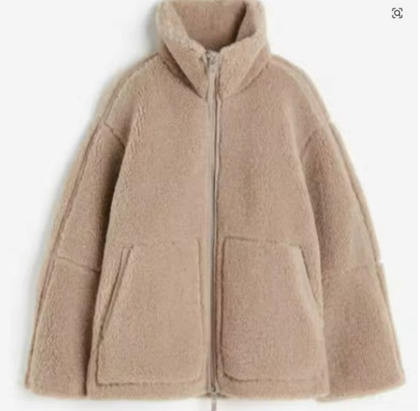 Damen Teddyjacke Mit Stehkragen Und Reißverschluss