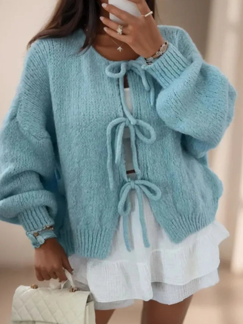Damen Strickcardigan Mit Schleifenverschluss Im Boho Stil