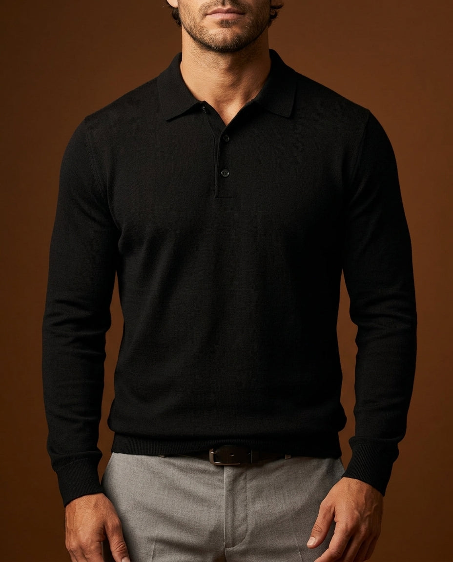 Herren Langarm Strickpolo Aus Weichem Feinstrick