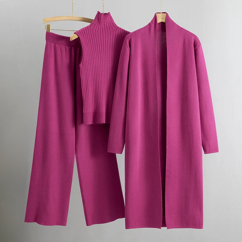 Dreiteiliges Damen Set mit Langem Cardigan und Weiter Hose