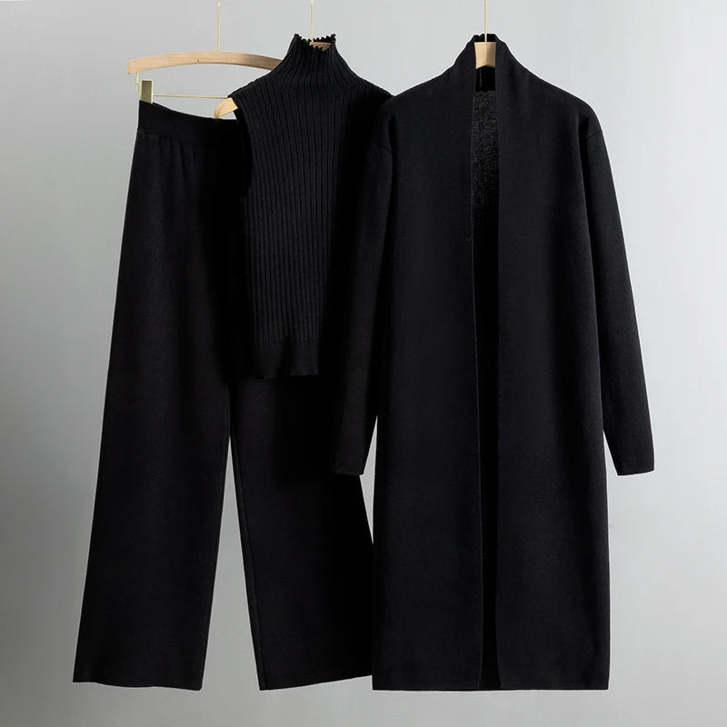 Dreiteiliges Damen Set mit Langem Cardigan und Weiter Hose