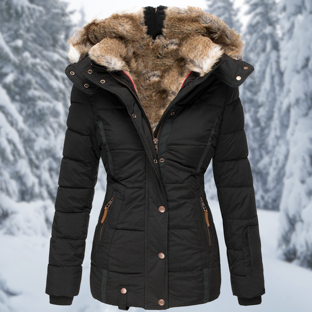 Damen Winterjacke Mit Fellkapuze Und Plüschfutter