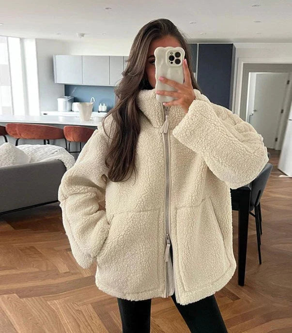 Damen Teddyjacke Mit Stehkragen Und Reißverschluss