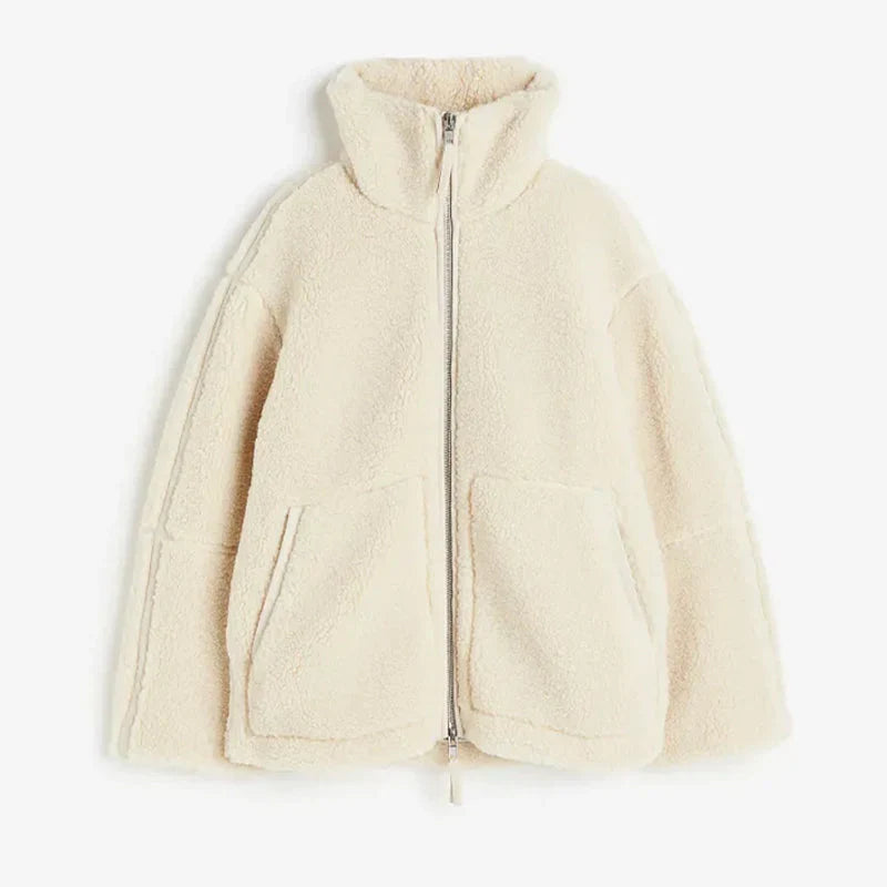 Damen Teddyjacke Mit Stehkragen Und Reißverschluss