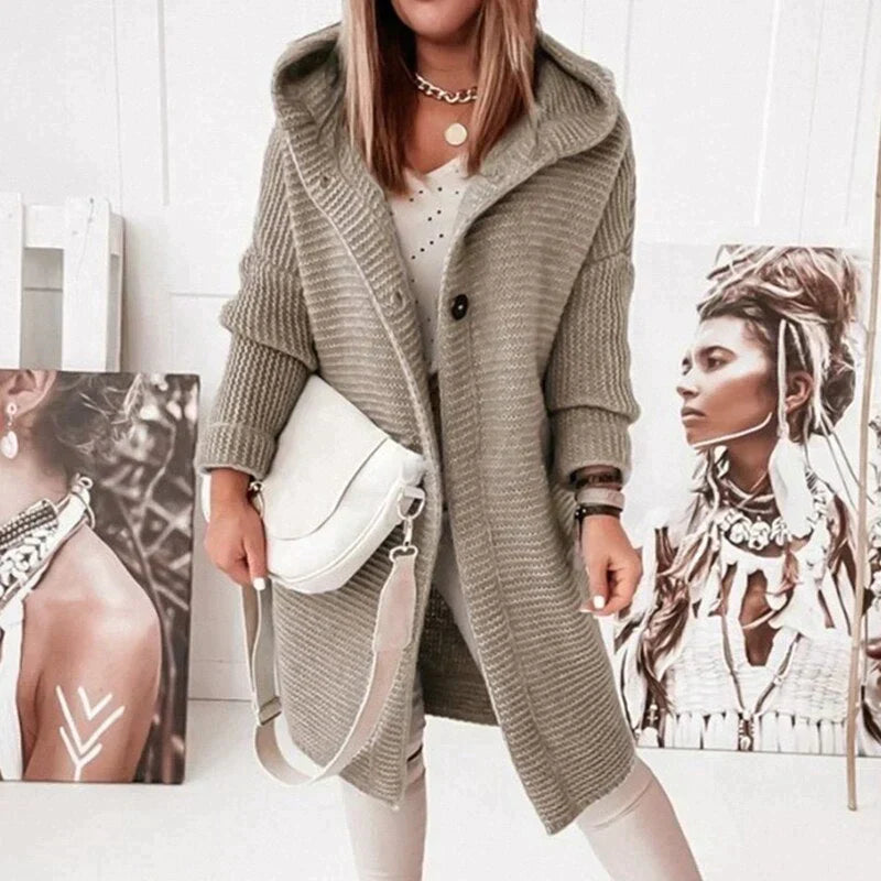 Lange Damen Strickjacke Mit Kapuze