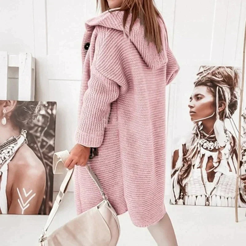 Lange Damen Strickjacke Mit Kapuze