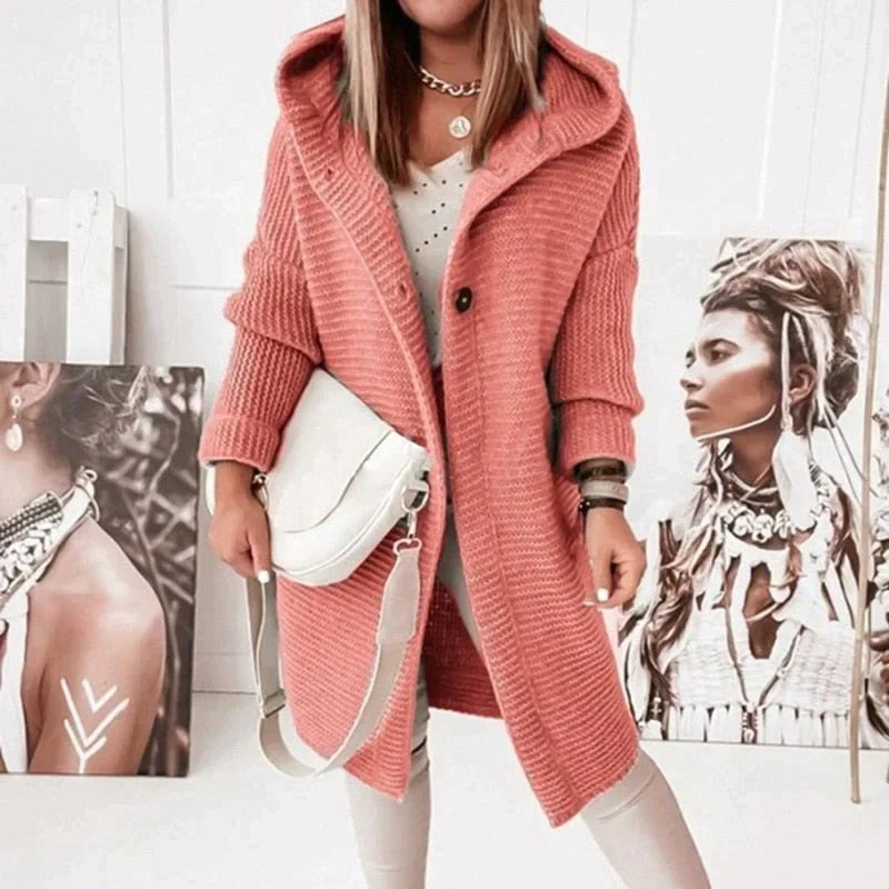 Lange Damen Strickjacke Mit Kapuze