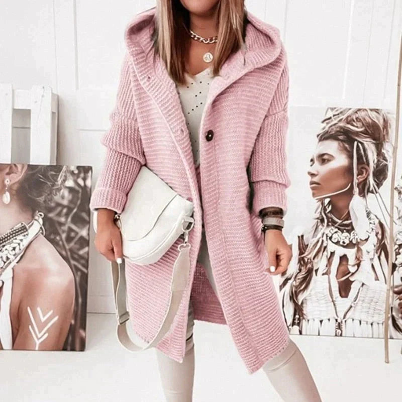 Lange Damen Strickjacke Mit Kapuze