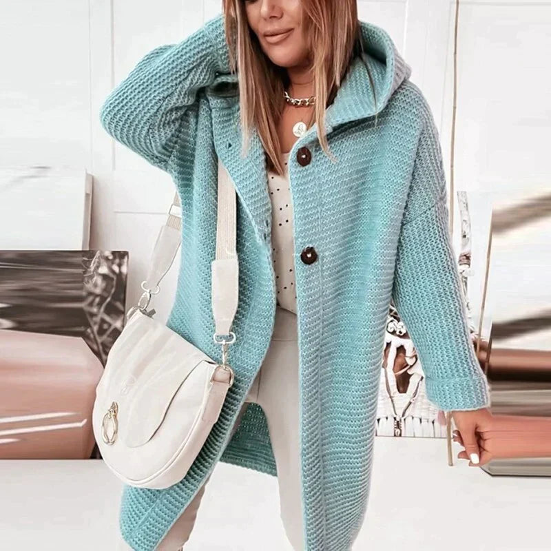 Lange Damen Strickjacke Mit Kapuze