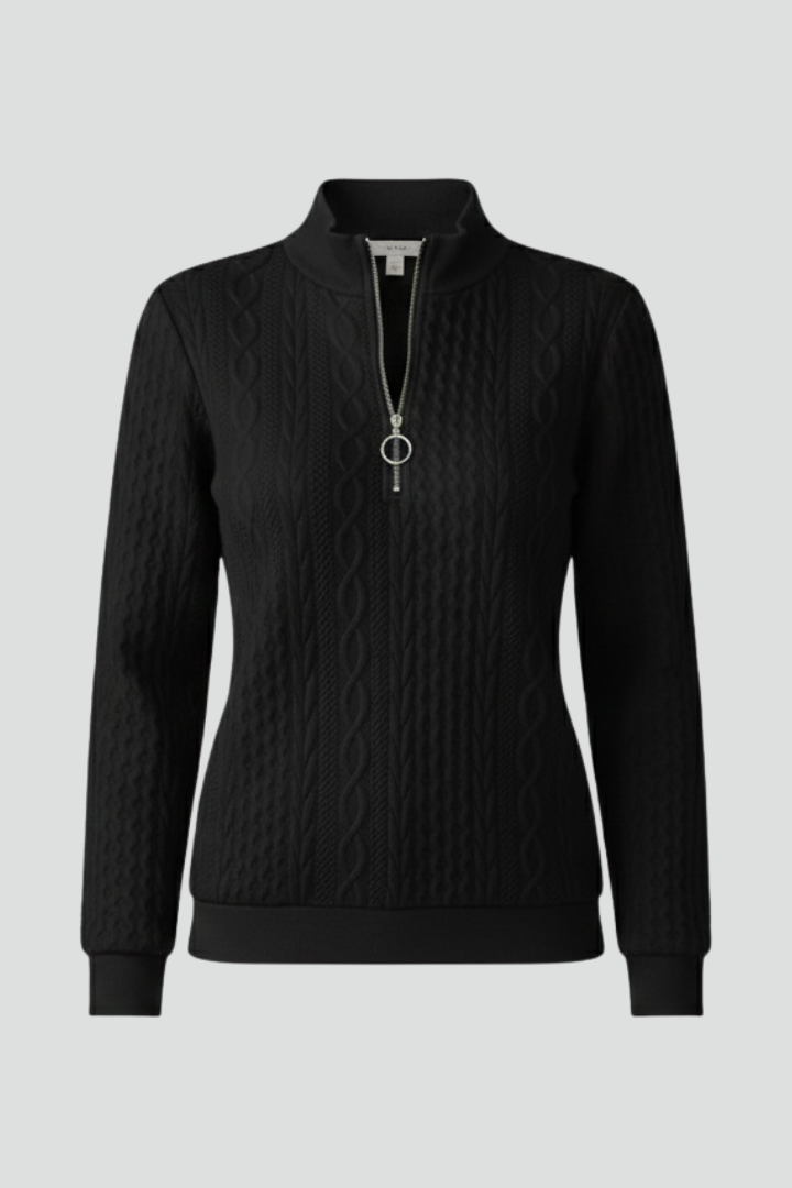 Damen Strickpullover mit Zipper-Kragen und Zopfmuster