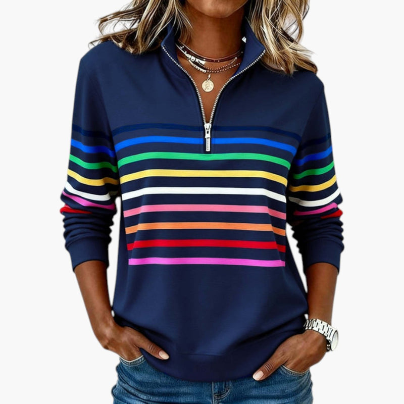 Gestreiftes Damen Sweatshirt mit Stehkragen und Halbem Reißverschluss