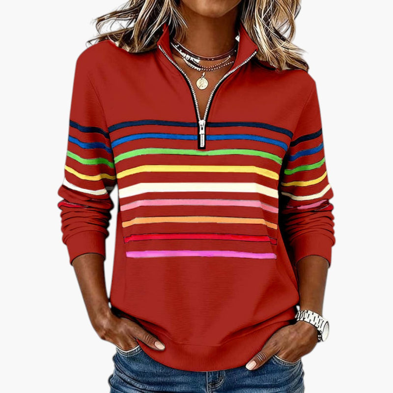 Gestreiftes Damen Sweatshirt mit Stehkragen und Halbem Reißverschluss