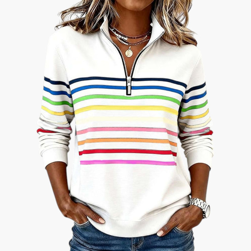 Gestreiftes Damen Sweatshirt mit Stehkragen und Halbem Reißverschluss