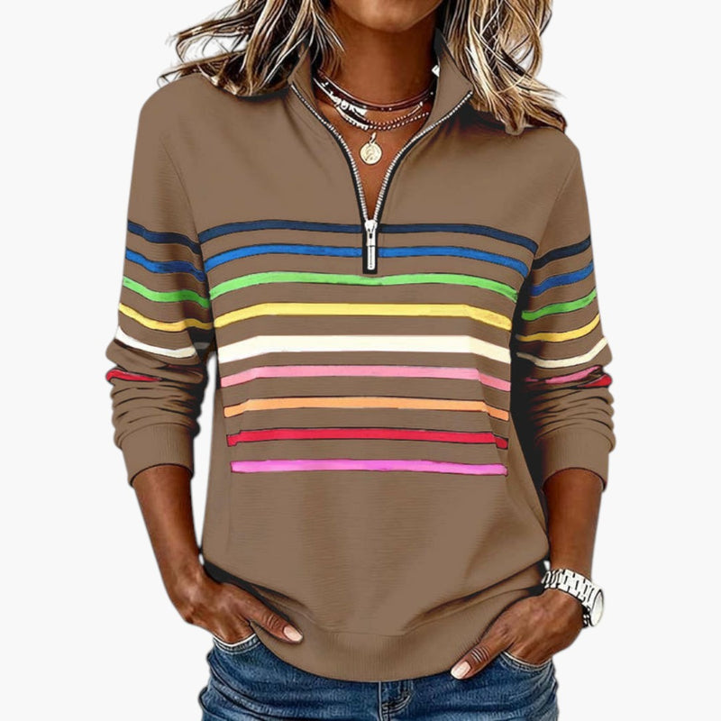 Gestreiftes Damen Sweatshirt mit Stehkragen und Halbem Reißverschluss